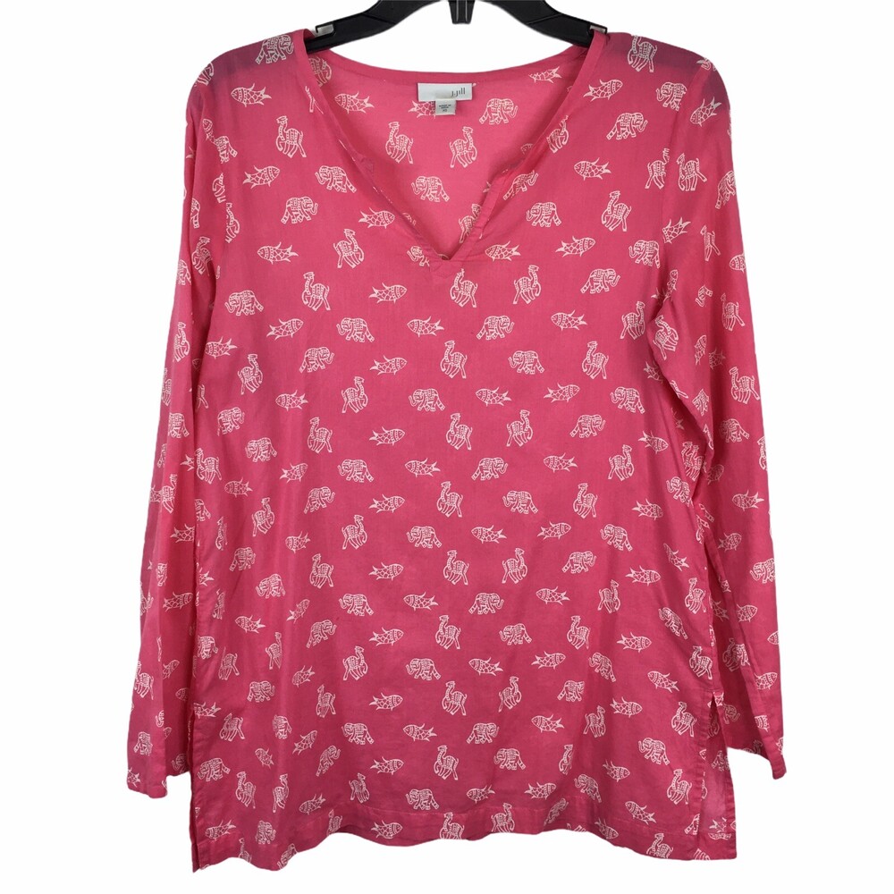 J Jill Pink Cotton Tunic Elephant Fish Print Beachy Oversized Flowy Extra Small